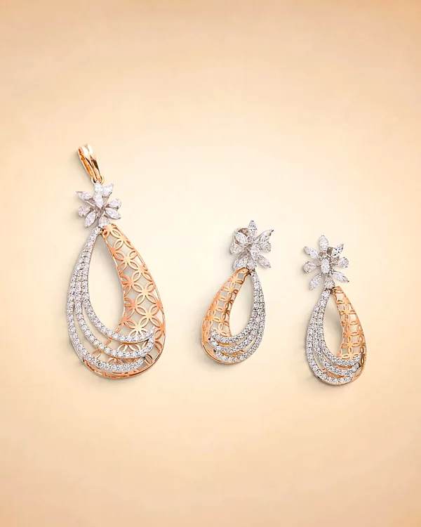 Brocade Bloom Diamond Pendant and Earring Set